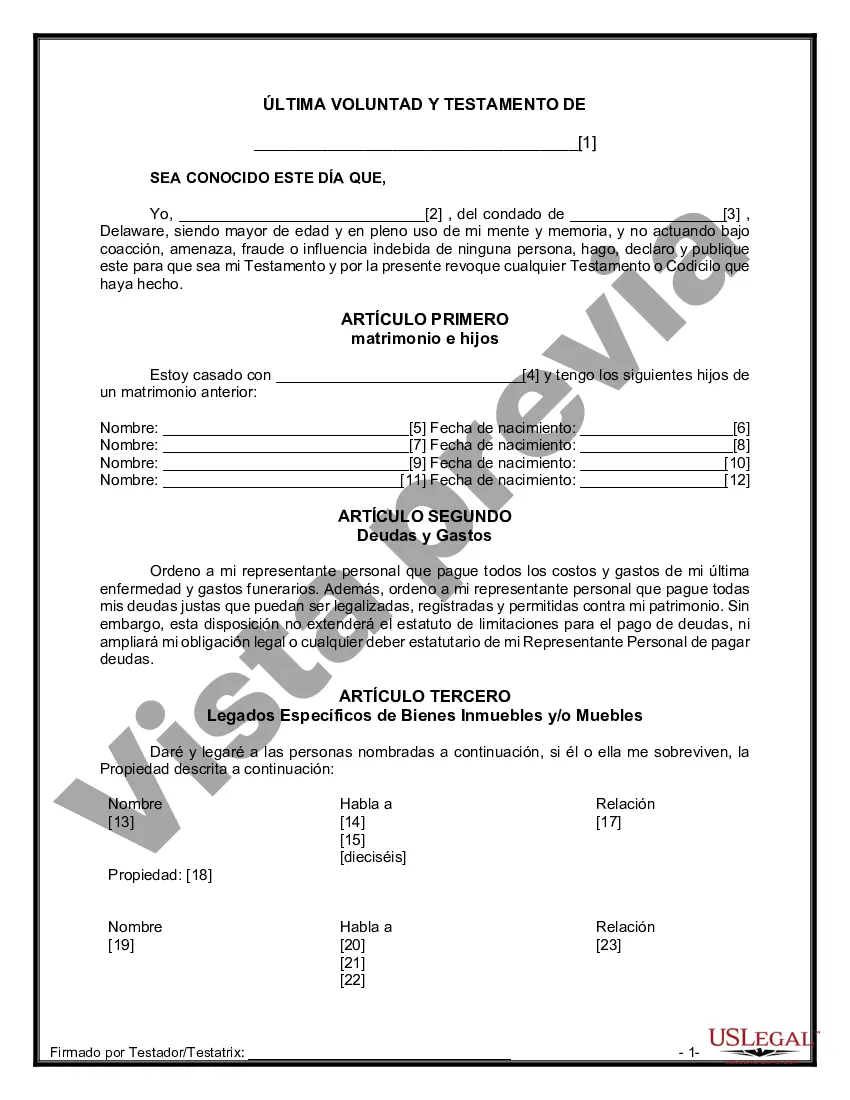 Preview Formulario Legal de Última Voluntad y Testamento para Persona Casada con Hijos Adultos y Menores de Matrimonio Anterior