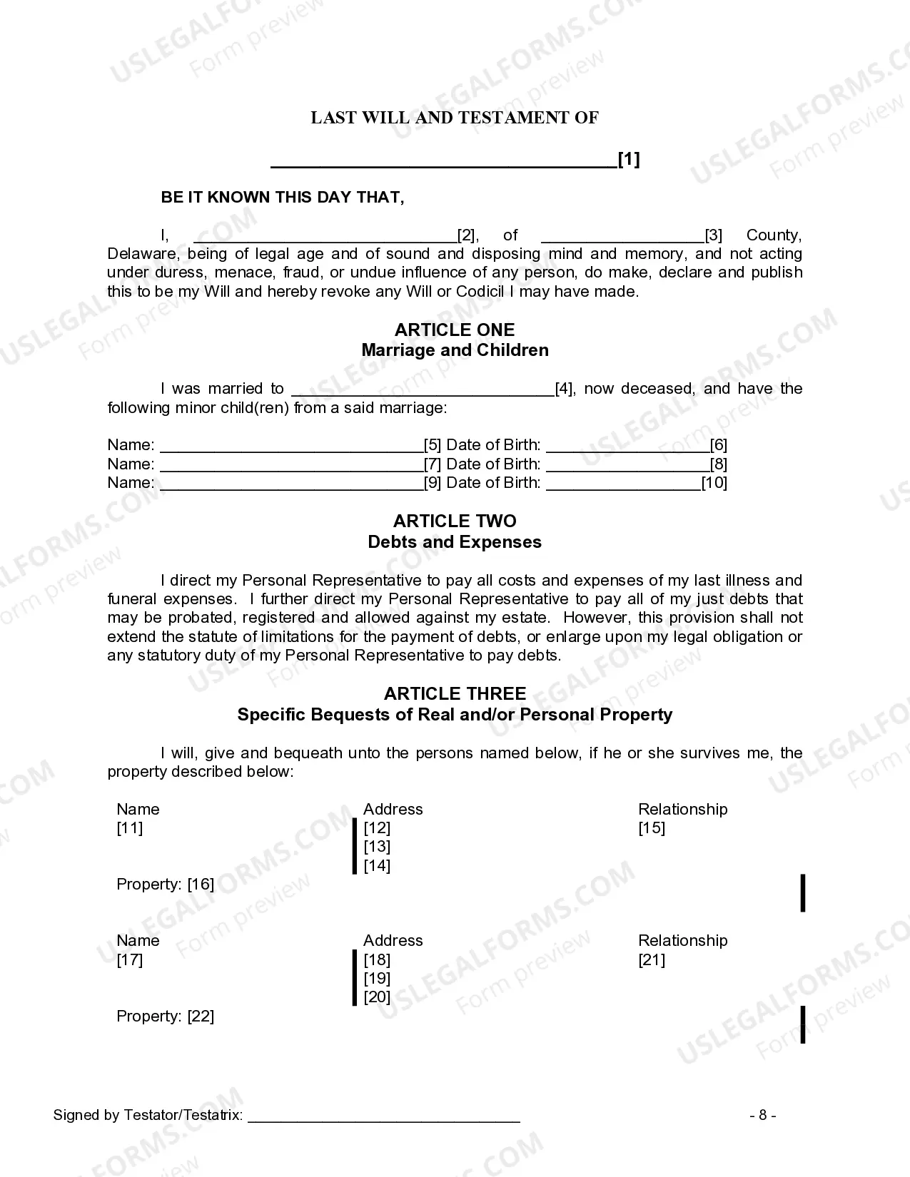 Preview Last Will and Testament for Widow or Widower with Minor Children