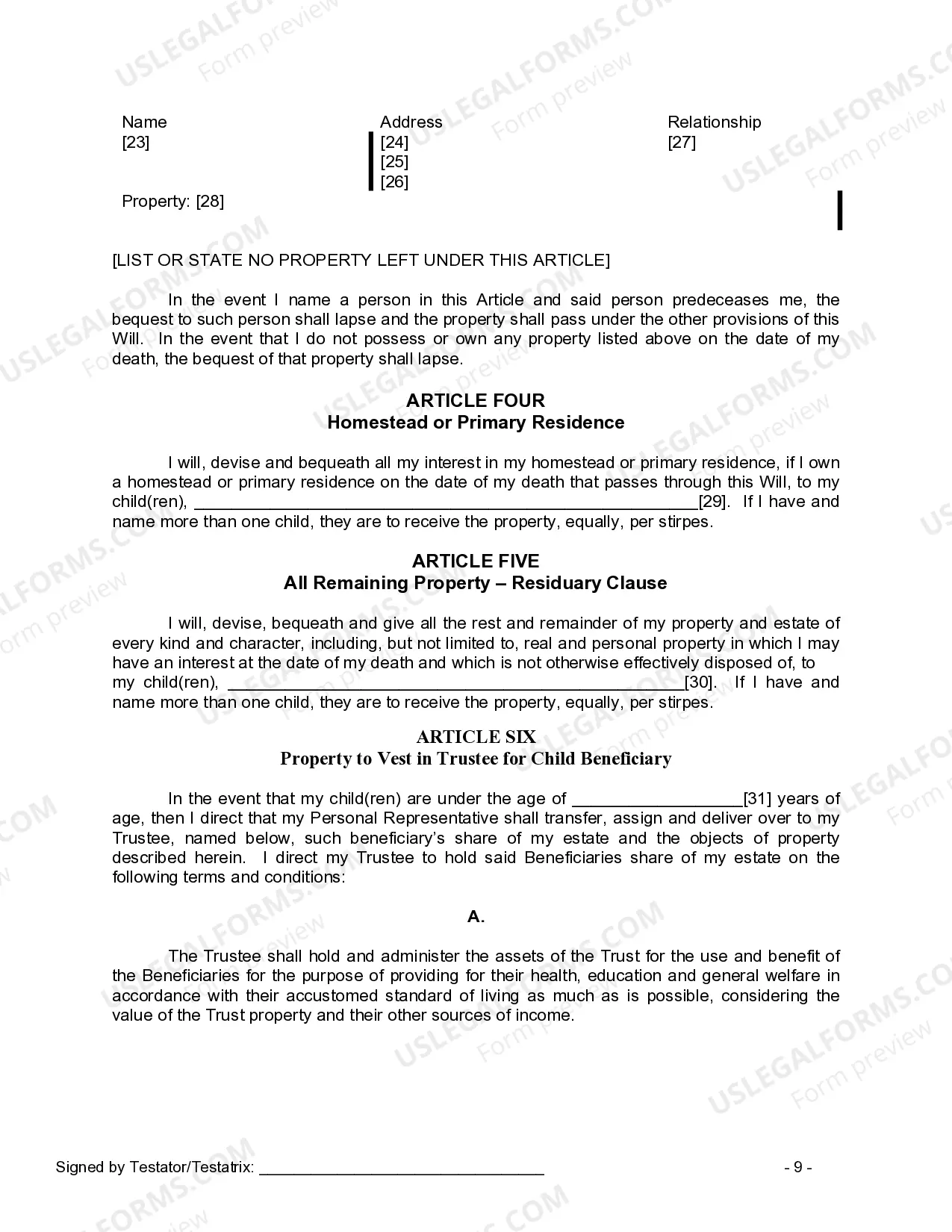 Preview Last Will and Testament for Widow or Widower with Minor Children