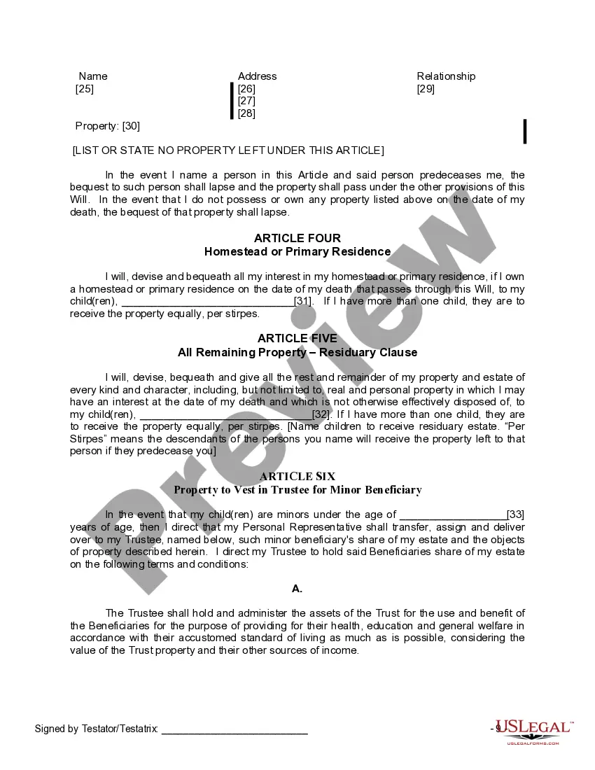 Preview Last Will and Testament for a Widow or Widower with Adult and Minor Children