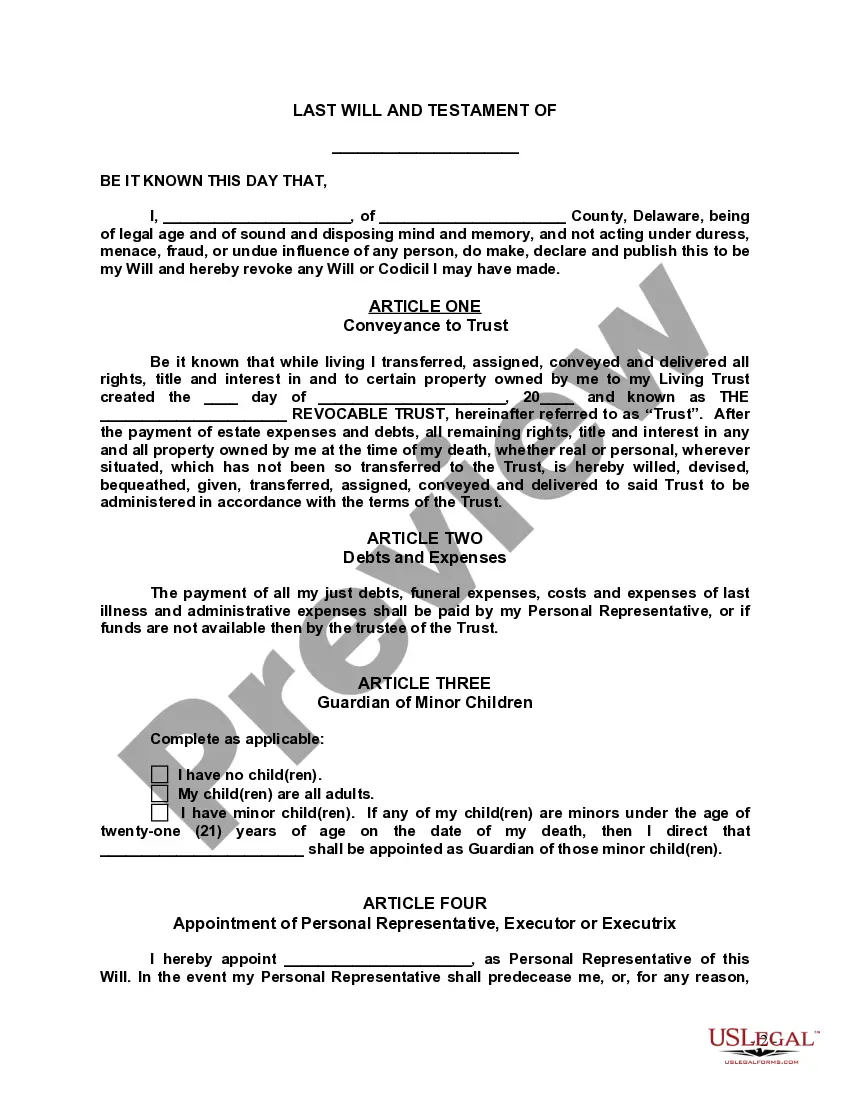 Preview Last Will and Testament with All Property to Trust called a Pour Over Will