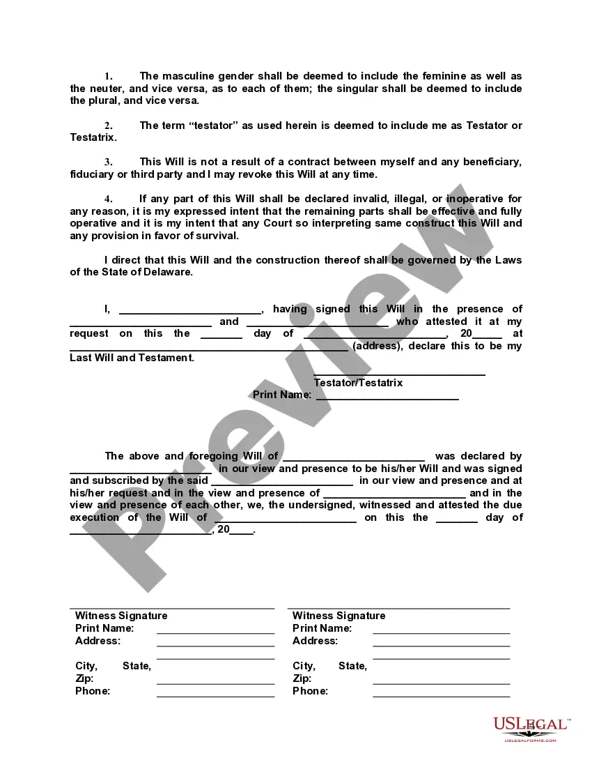 Preview Last Will and Testament with All Property to Trust called a Pour Over Will