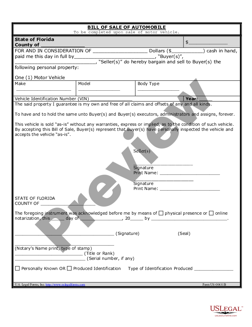 Broward Florida Bill Of Sale Of Automobile And Odometer Statement For As Bill Sale Automobile 8913