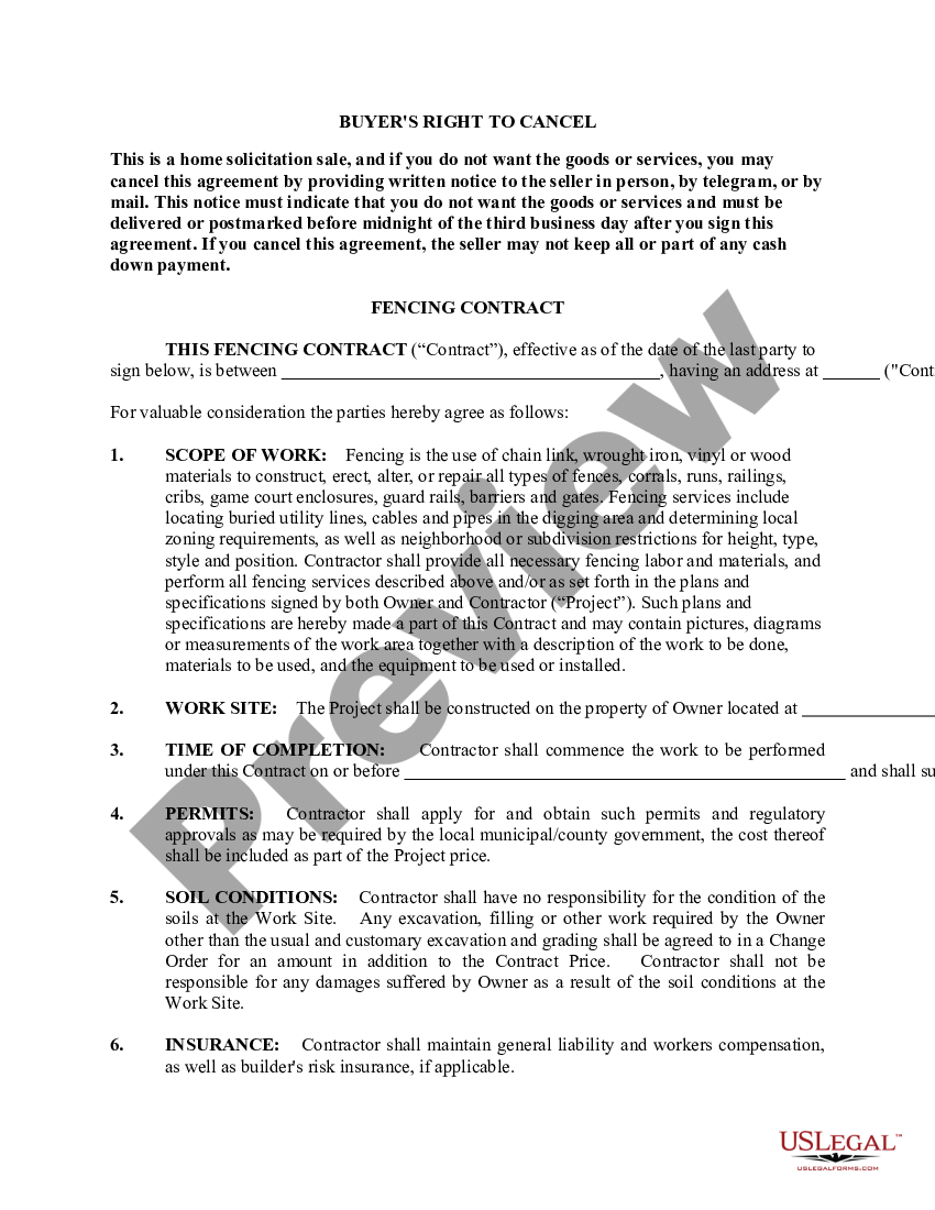 Florida Fencing Contract for Contractor - Fence Contract | US Legal Forms