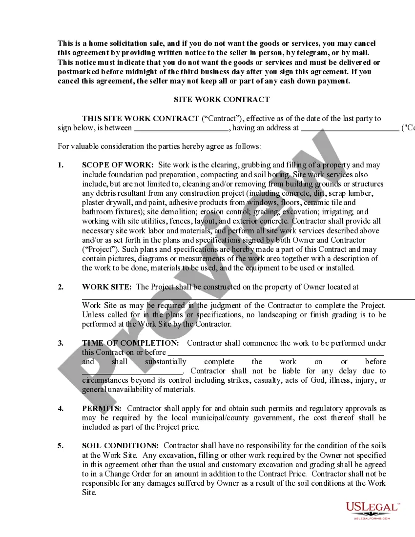 Preview Site Work Contract for Contractor