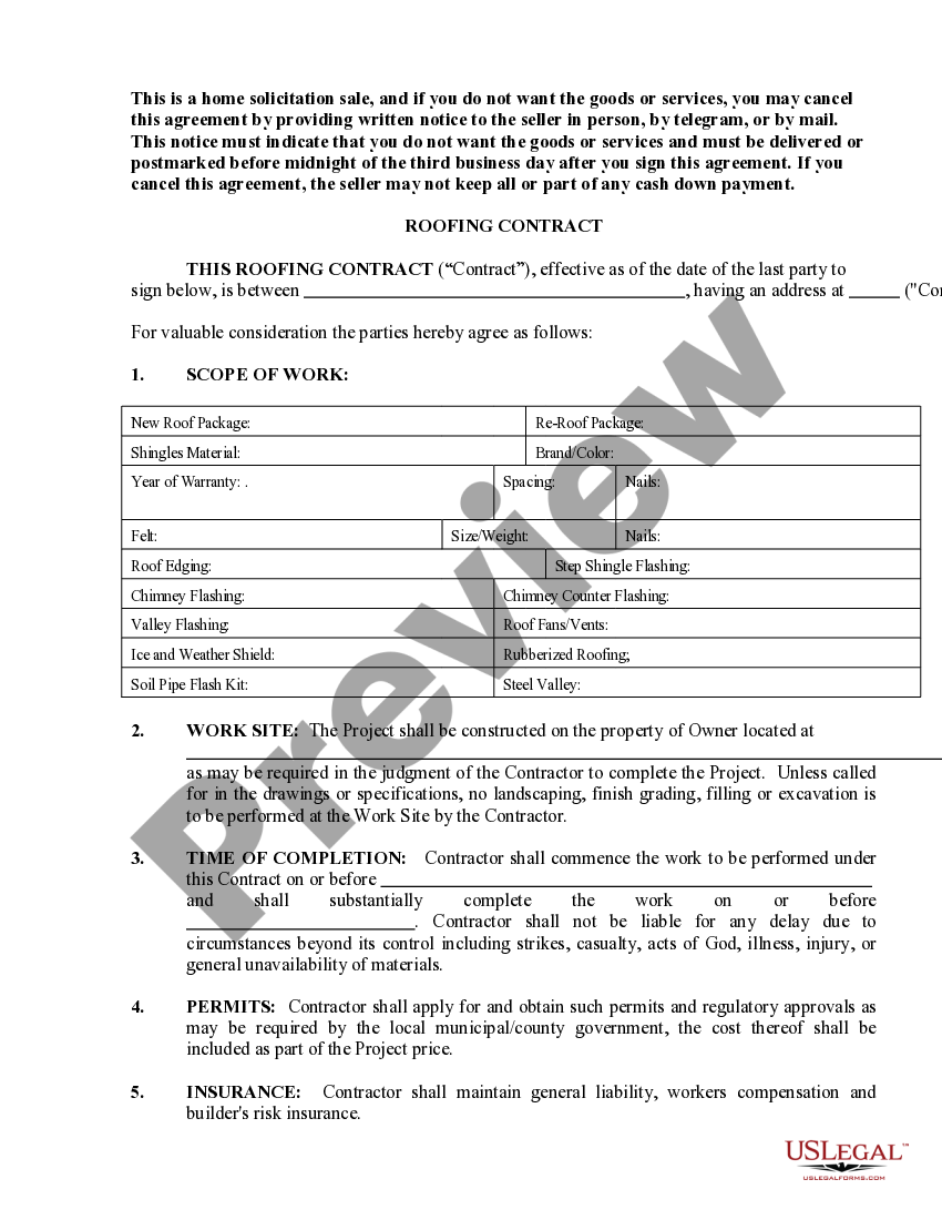 Florida Roofing Contract for Contractor Roofing Contractor Form US