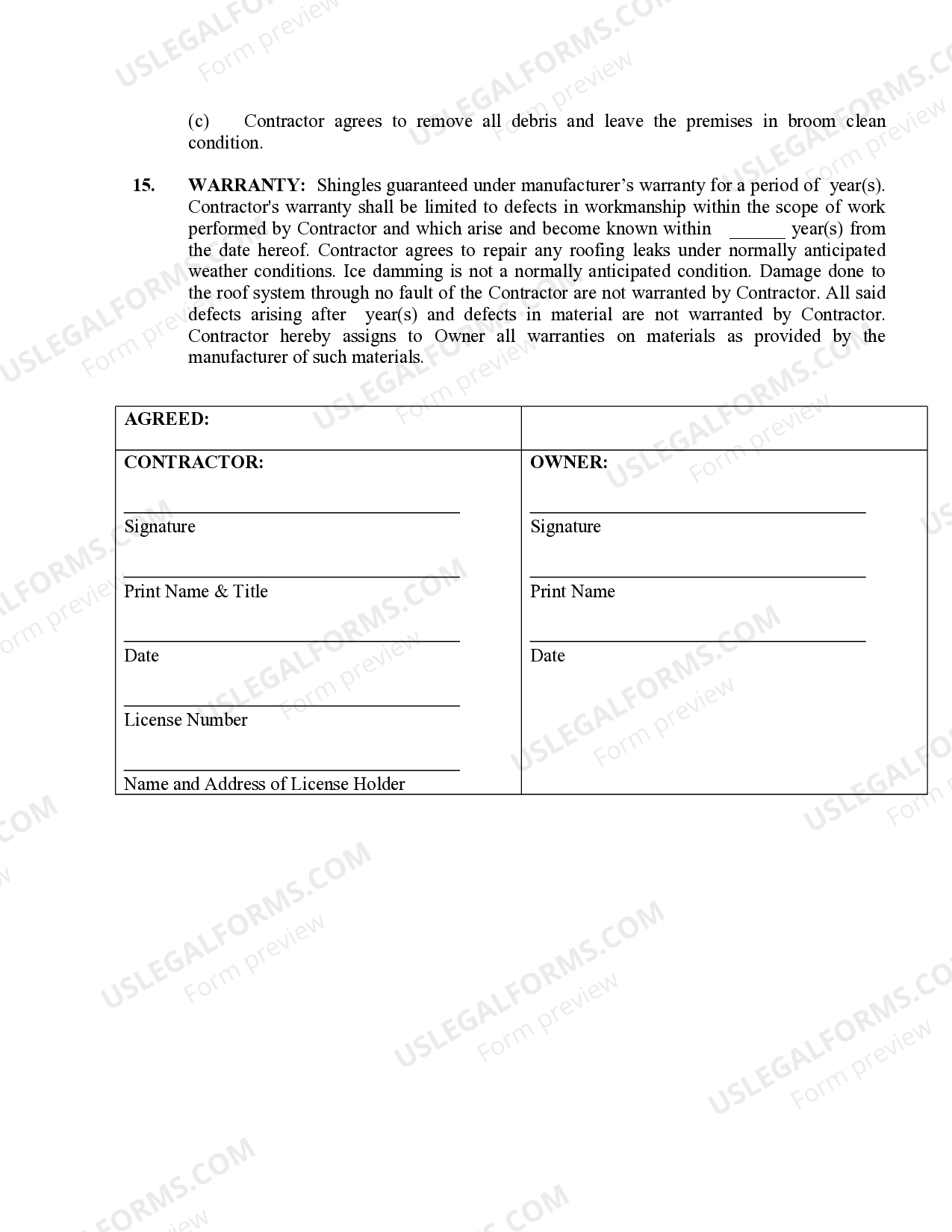 Florida Roofing Contract for Contractor Florida Roofing Contract US