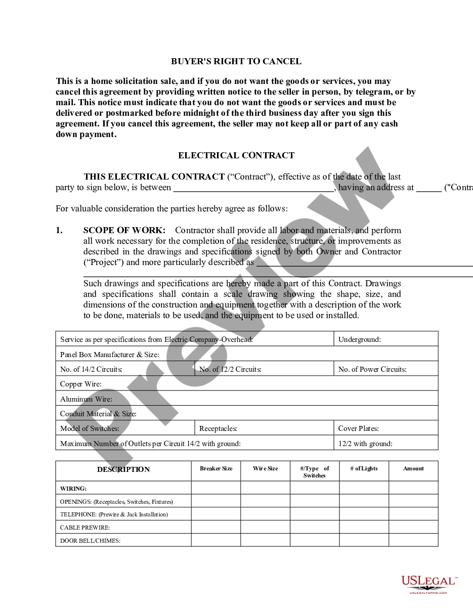 page 1 Electrical Contract for Contractor preview