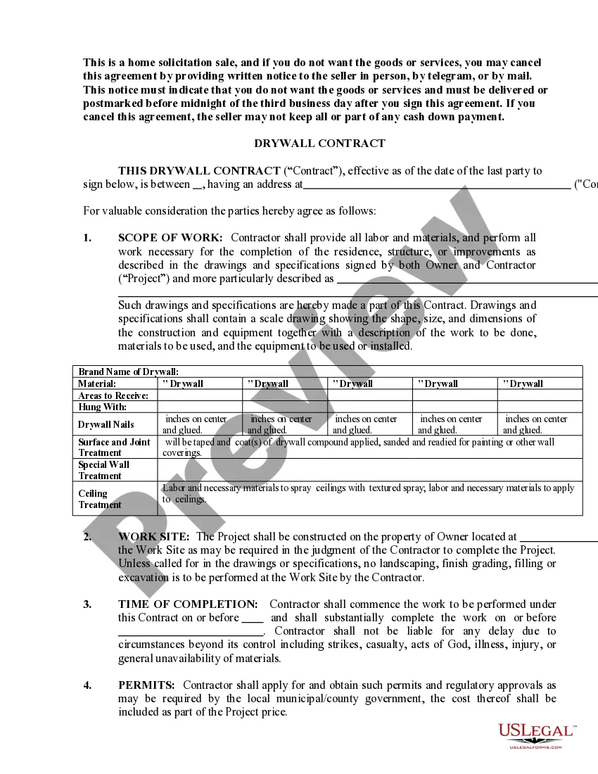 Preview Sheetrock Drywall Contract for Contractor