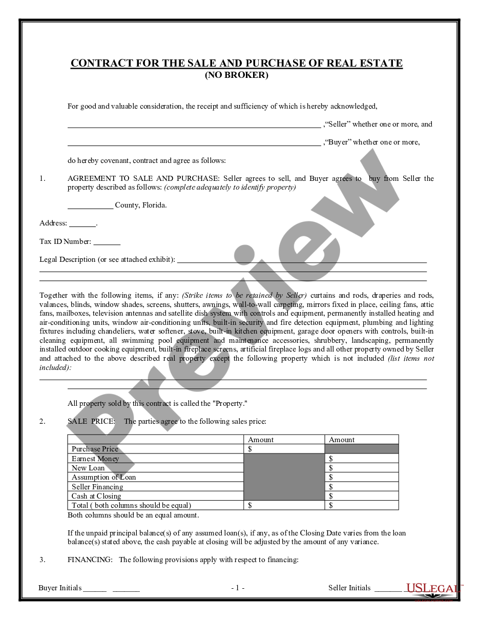 page 0 Contract for Sale and Purchase of Real Estate with No Broker for Residential Home Sale Agreement preview