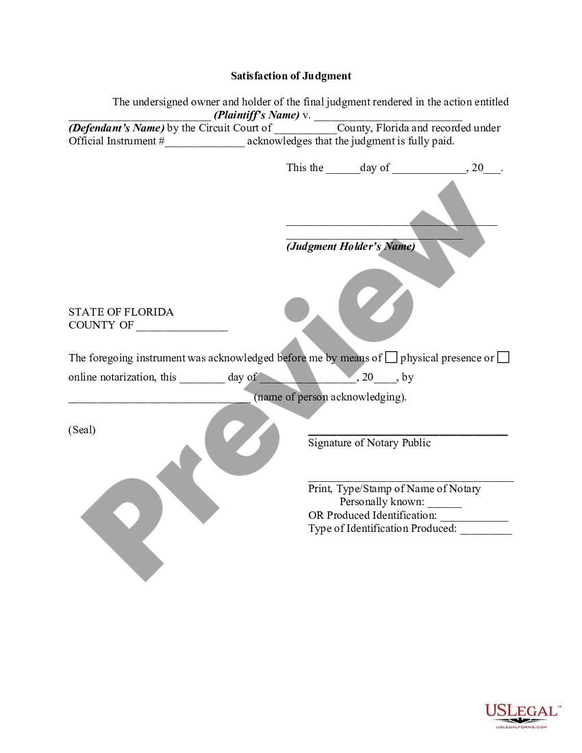 Florida Satisfaction of Judgment - Satisfaction Judgment | US Legal Forms