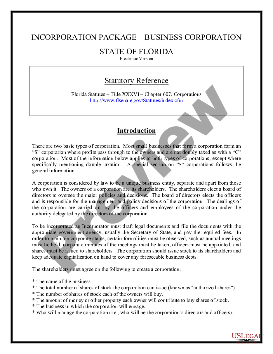 form Florida Business Incorporation Package to Incorporate Corporation preview