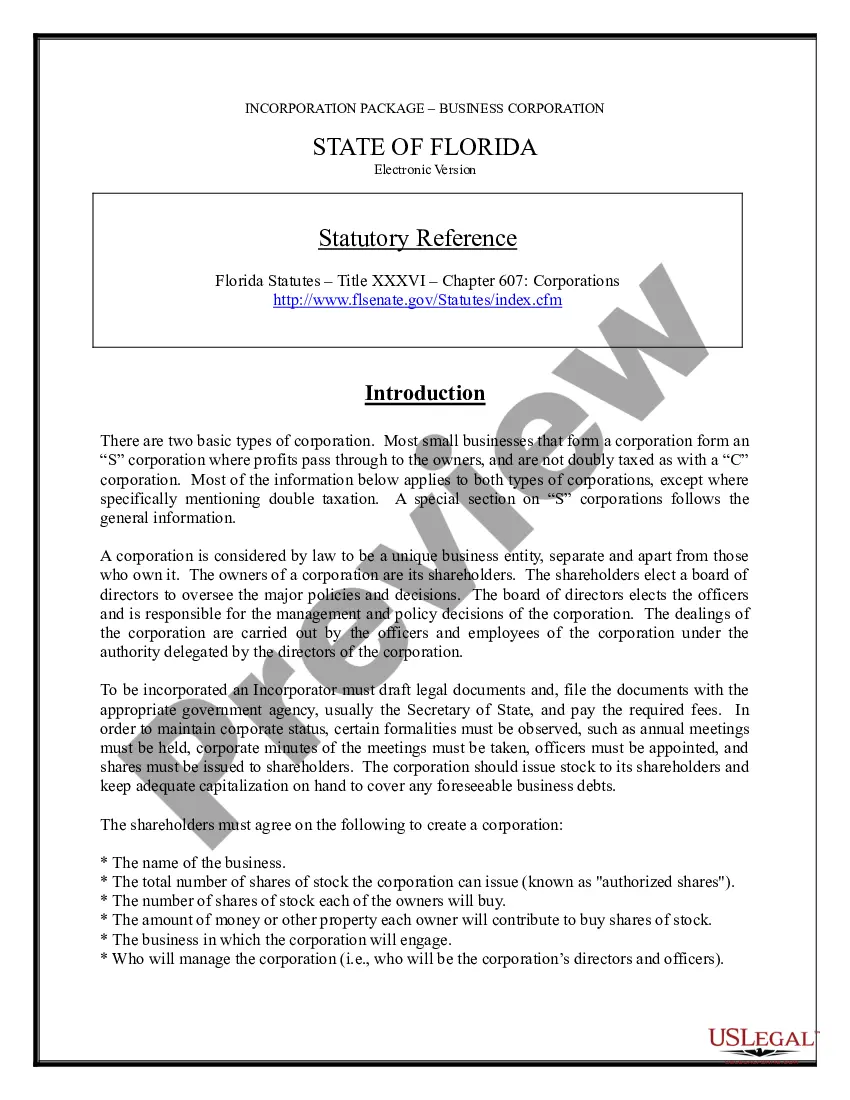 Preview Florida Business Incorporation Package to Incorporate Corporation
