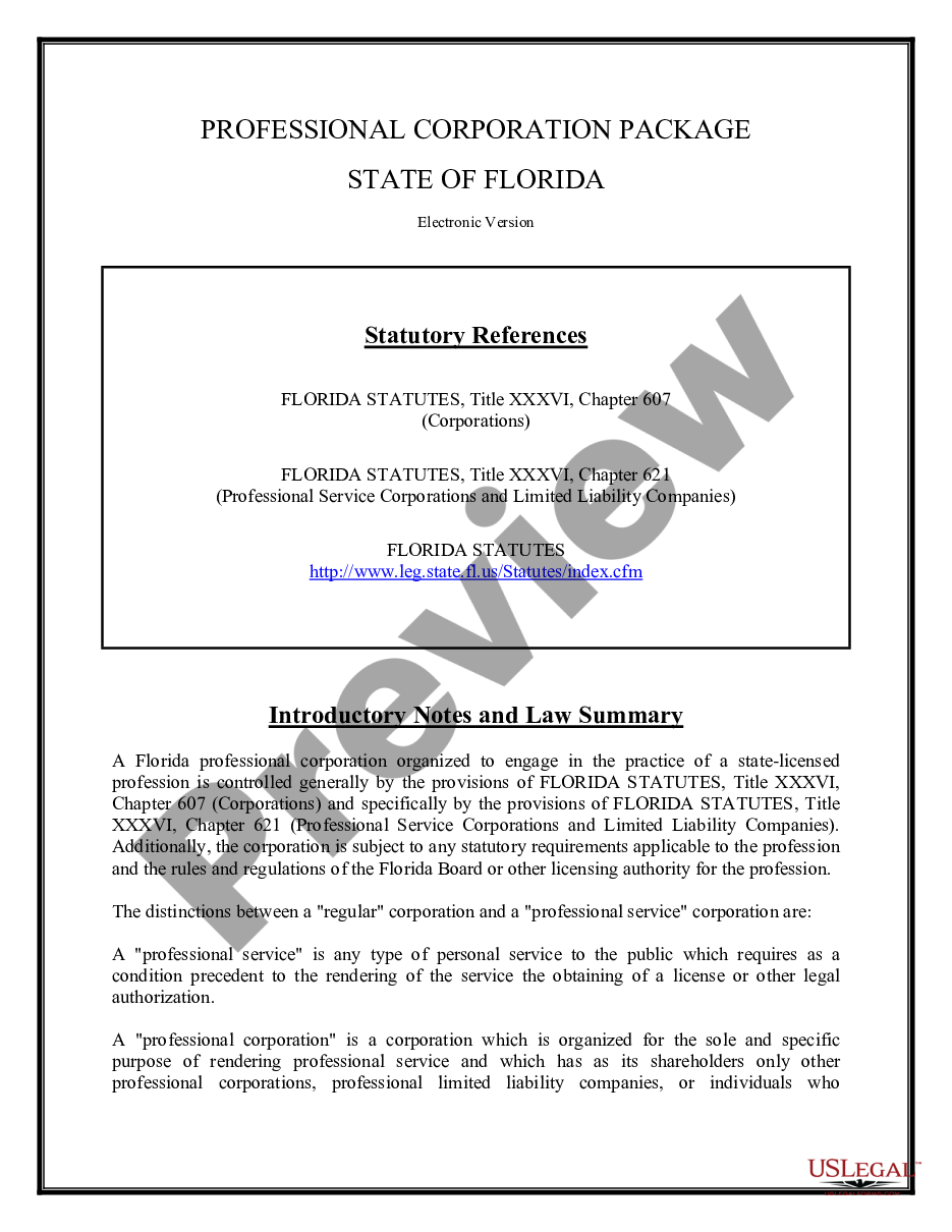 page 1 Professional Corporation Package for Florida preview