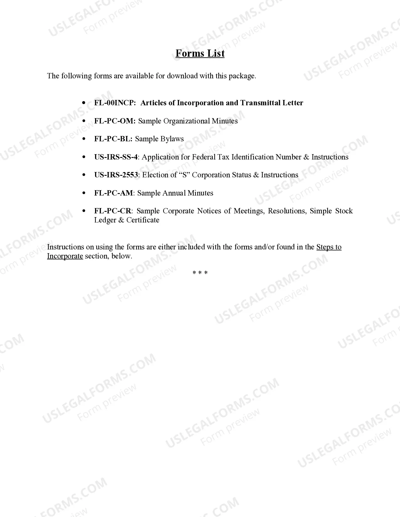 Preview Professional Corporation Package for Florida