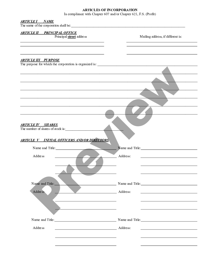 Articles Of Incorporation Florida Sample For Profit US Legal Forms