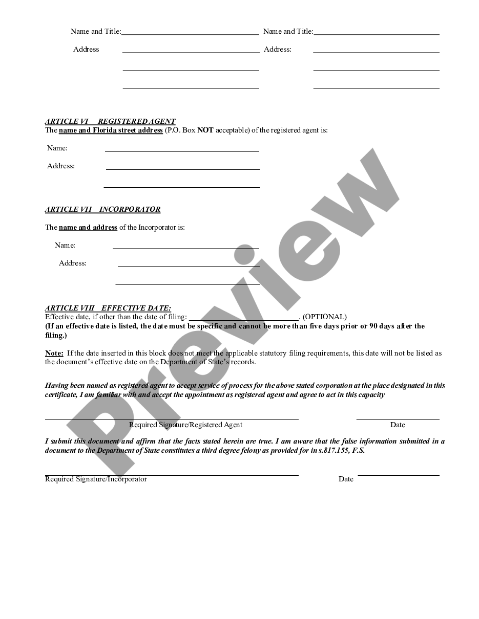 page 4 Florida Articles of Incorporation for Domestic For-Profit Corporation preview