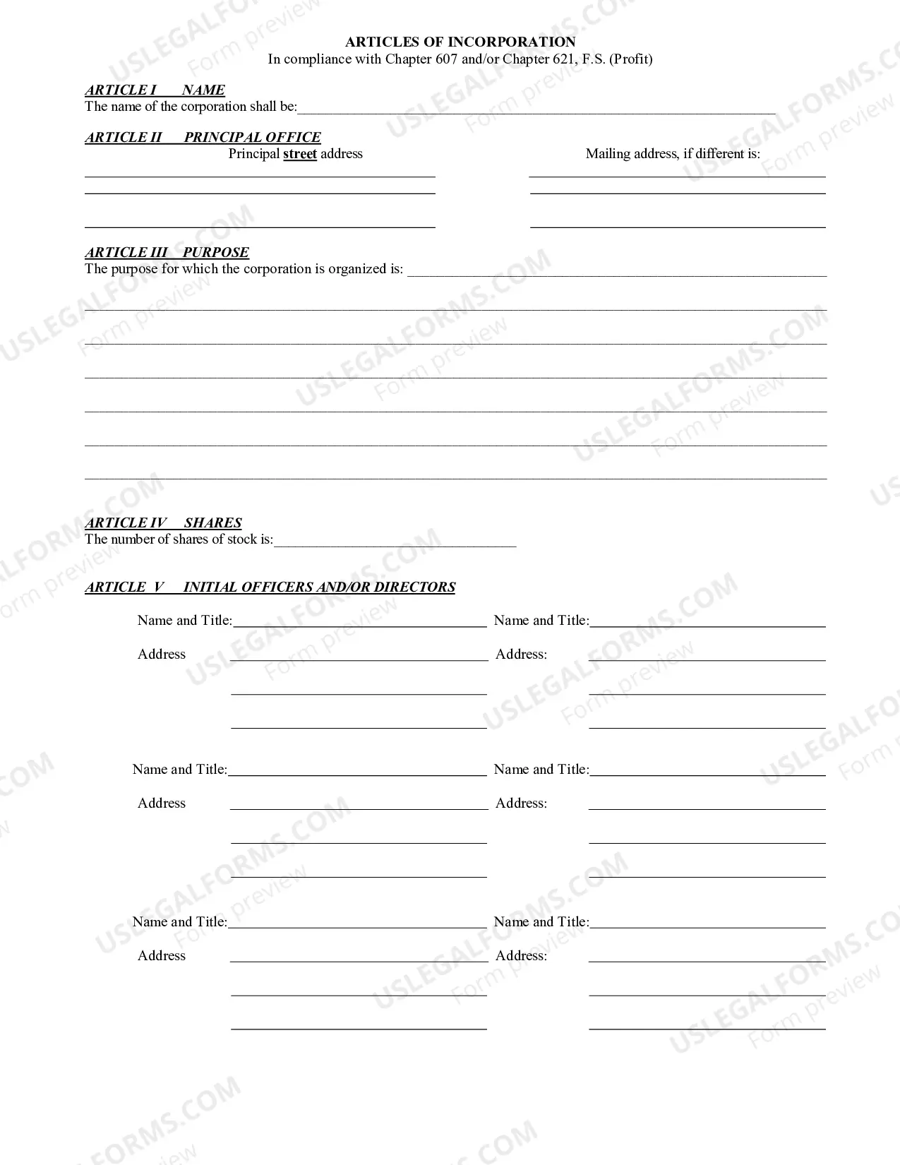 Preview Florida Articles of Incorporation for Domestic For-Profit Corporation