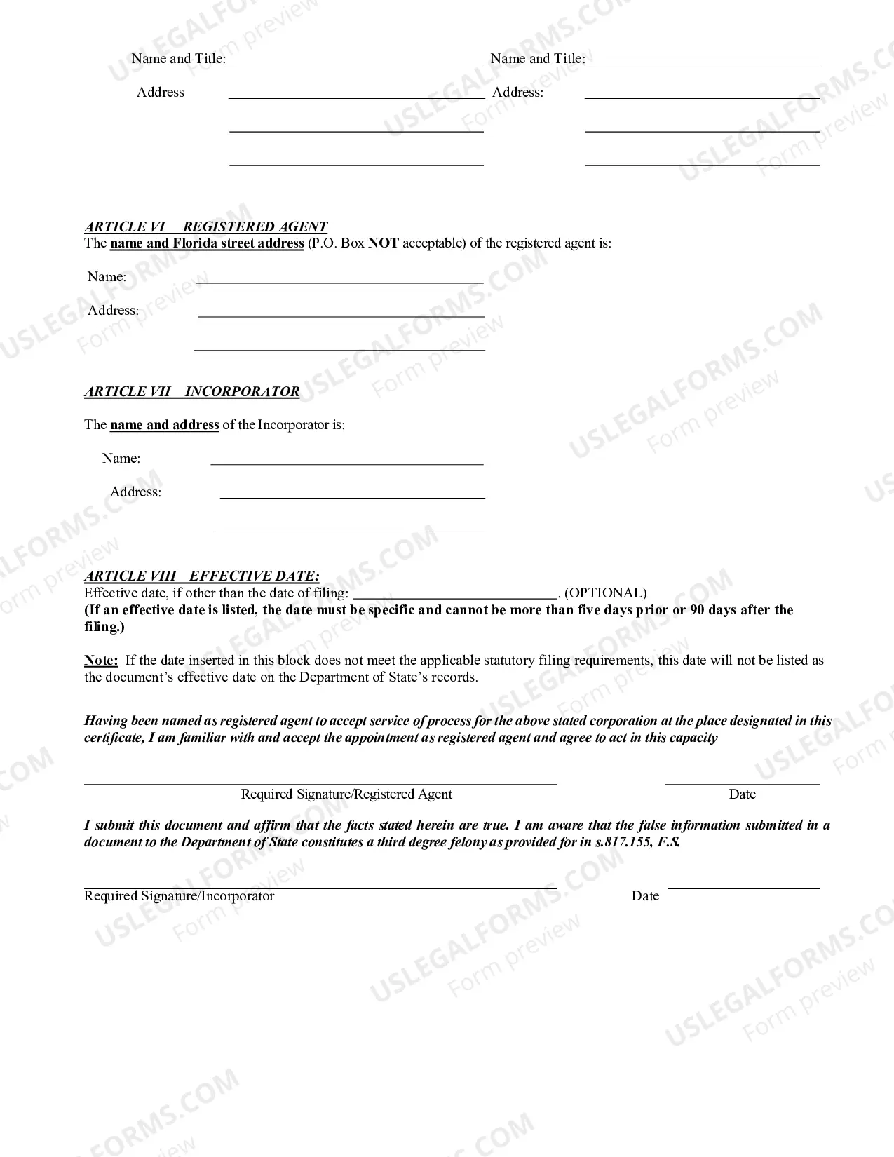 Preview Florida Articles of Incorporation for Domestic For-Profit Corporation