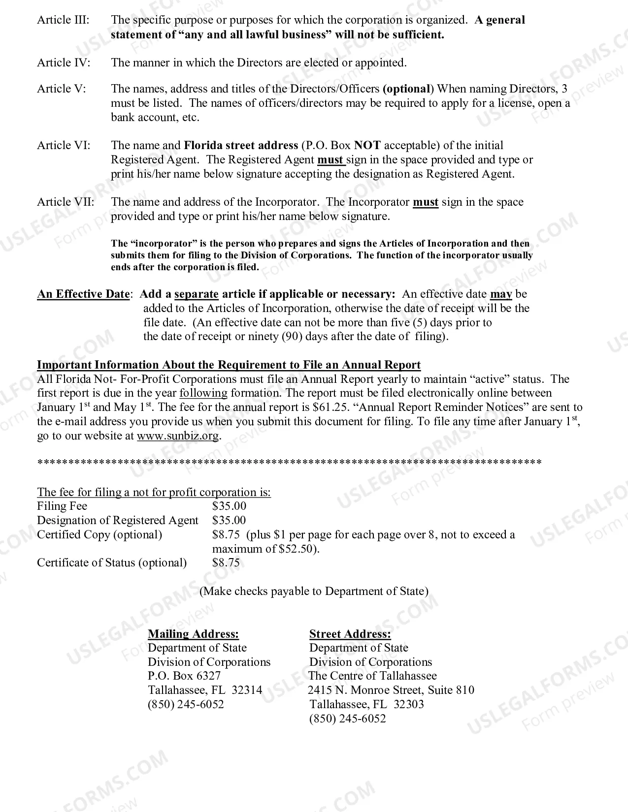 Preview Florida Articles of Incorporation for Domestic Nonprofit Corporation