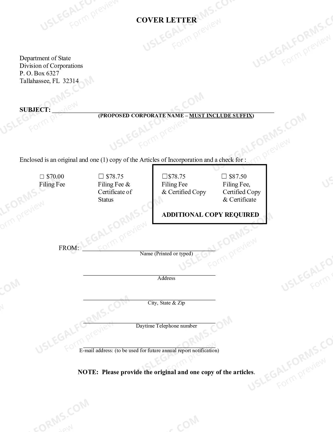 Preview Florida Articles of Incorporation for Domestic Nonprofit Corporation
