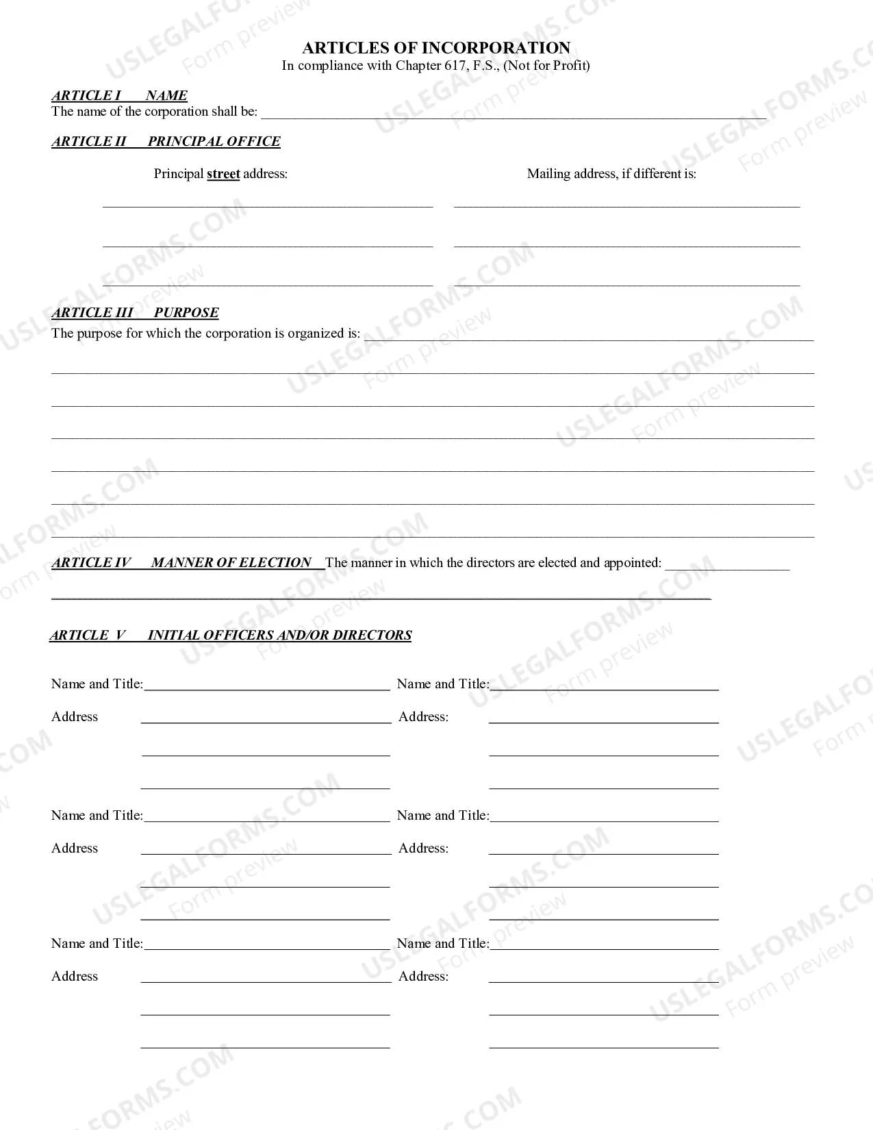 Preview Florida Articles of Incorporation for Domestic Nonprofit Corporation
