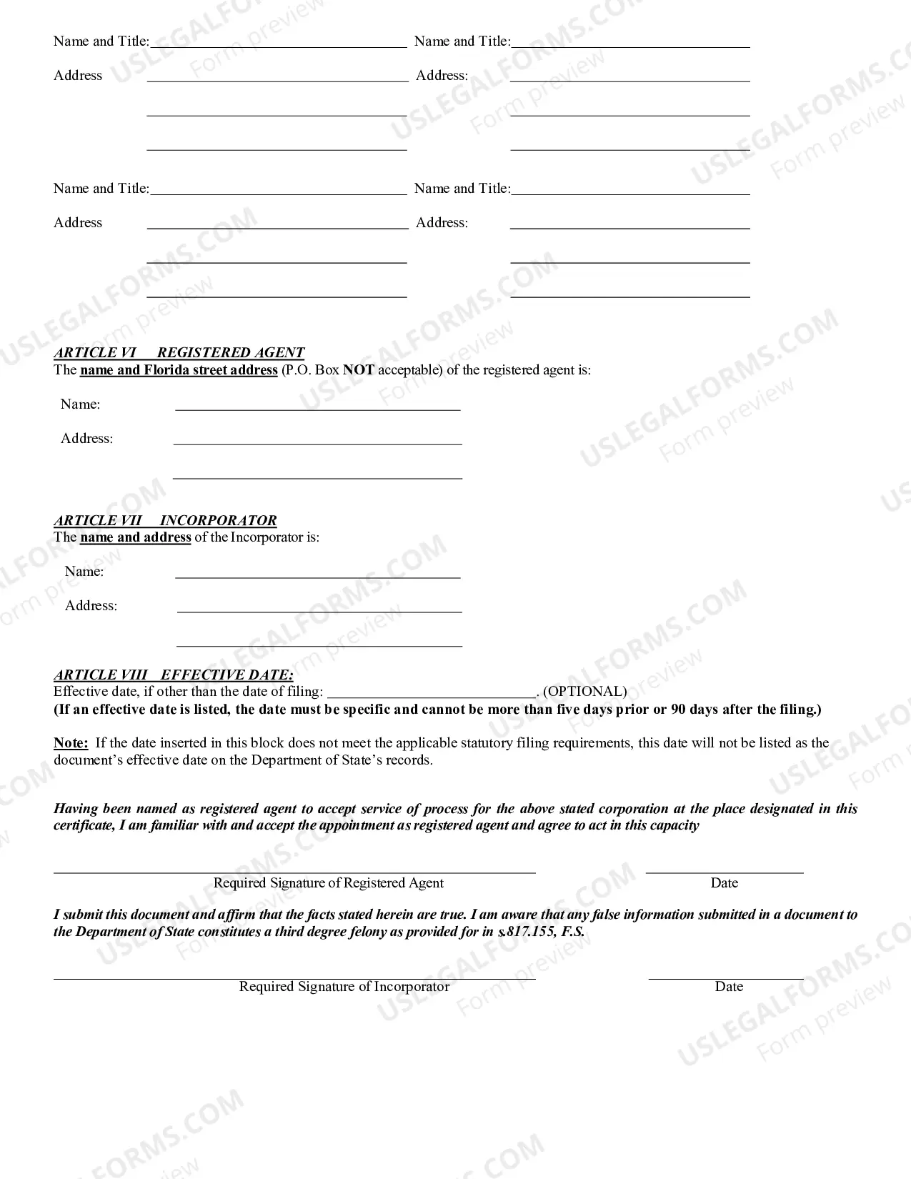 Preview Florida Articles of Incorporation for Domestic Nonprofit Corporation