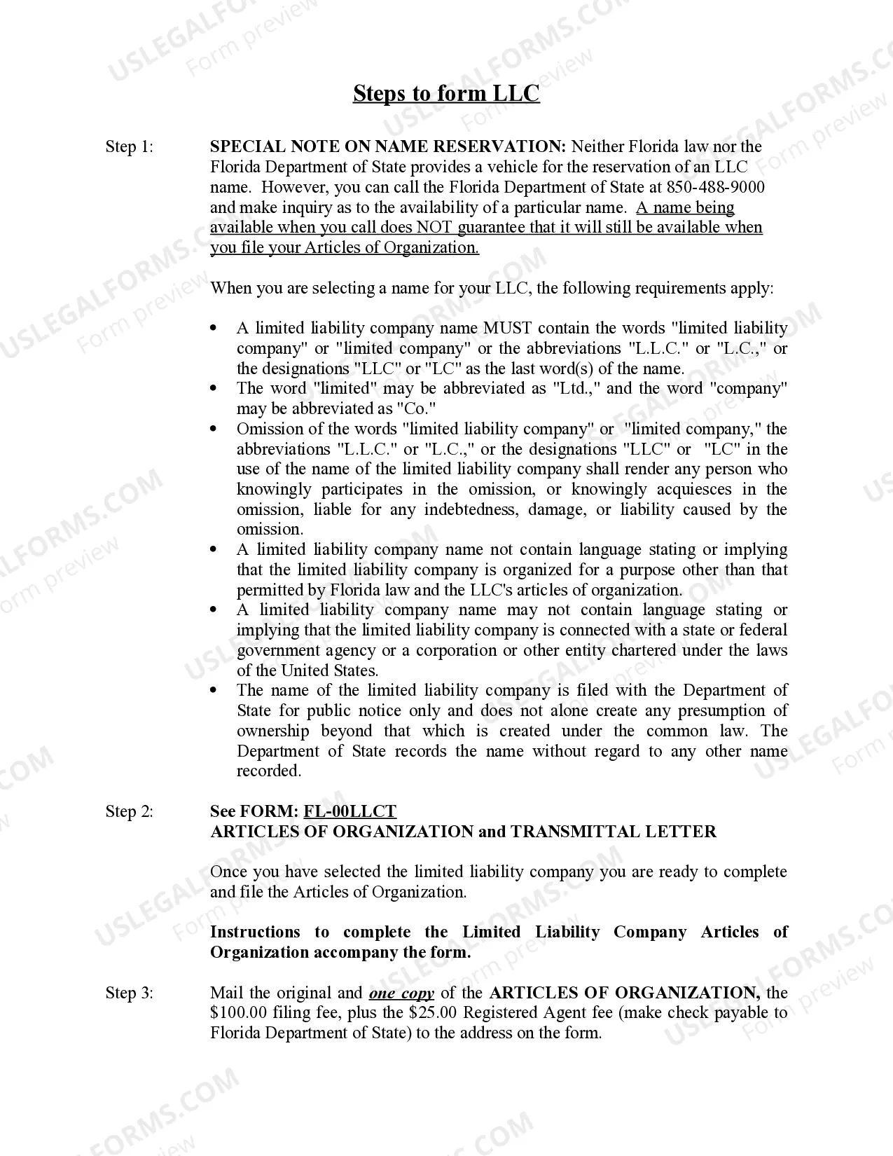 Preview Florida Limited Liability Company LLC Formation Package