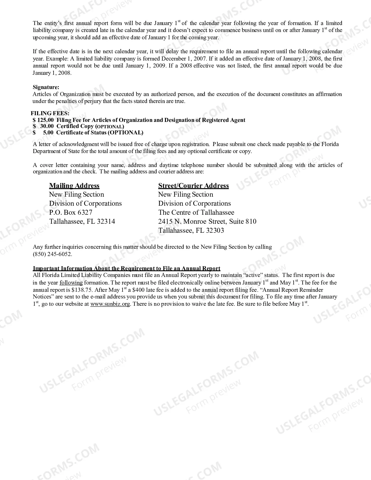 Preview Florida Articles of Organization for Domestic Limited Liability Company LLC