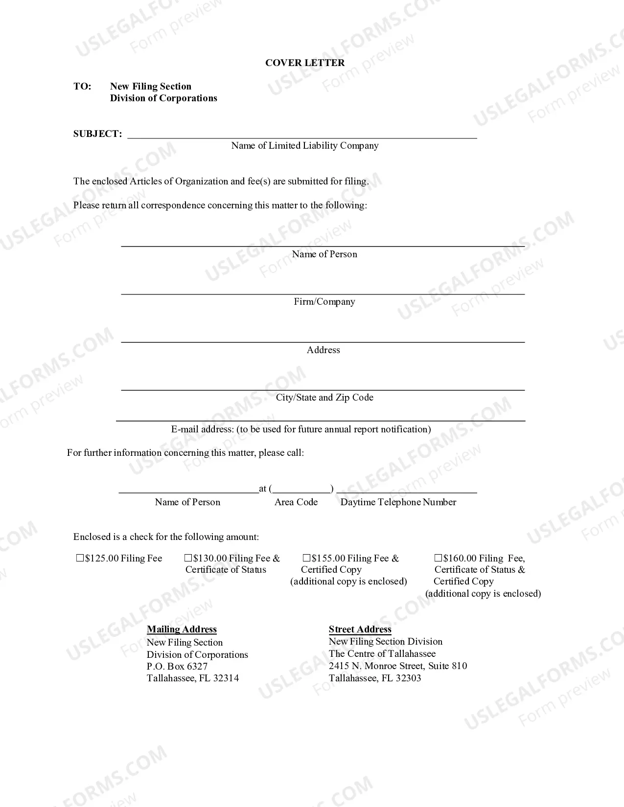 Preview Florida Articles of Organization for Domestic Limited Liability Company LLC