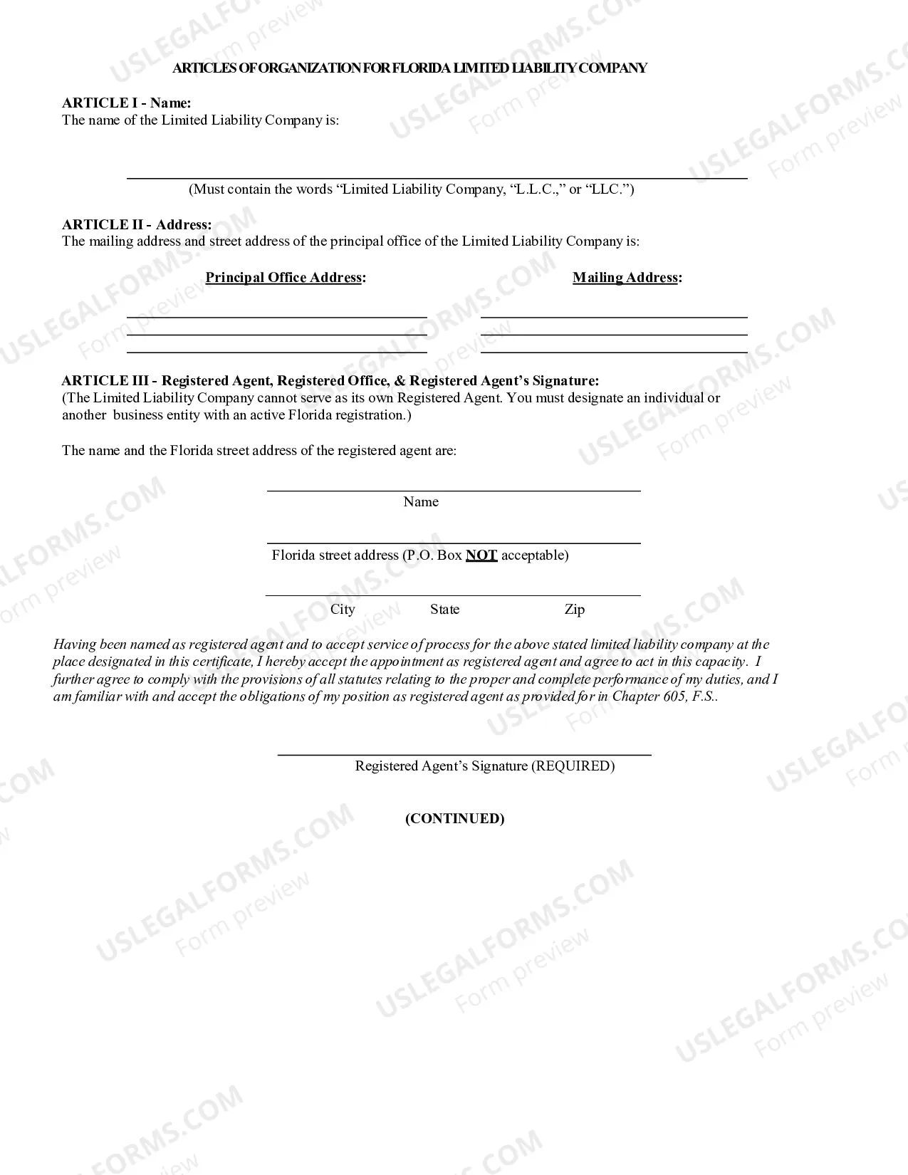 Preview Florida Articles of Organization for Domestic Limited Liability Company LLC