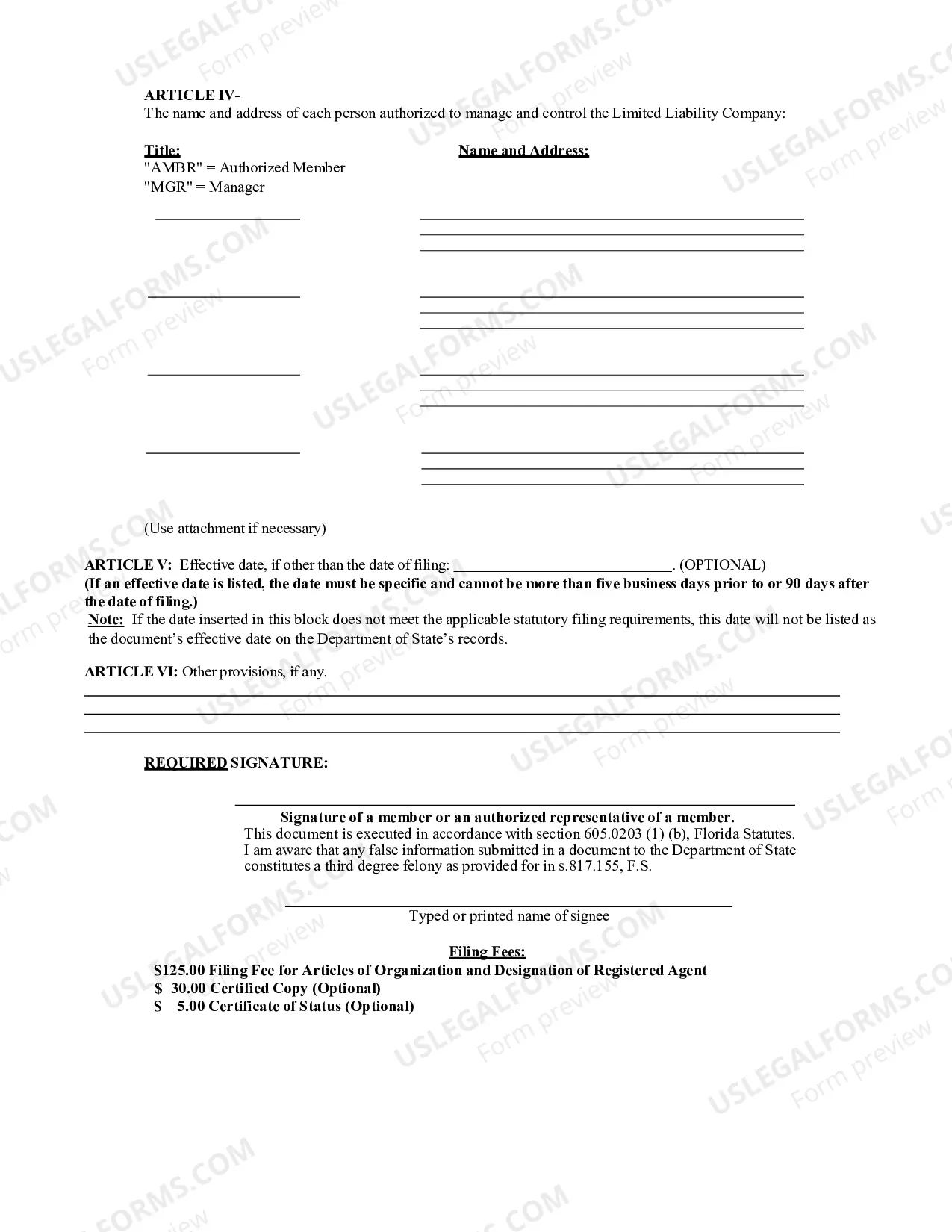 Preview Florida Articles of Organization for Domestic Limited Liability Company LLC