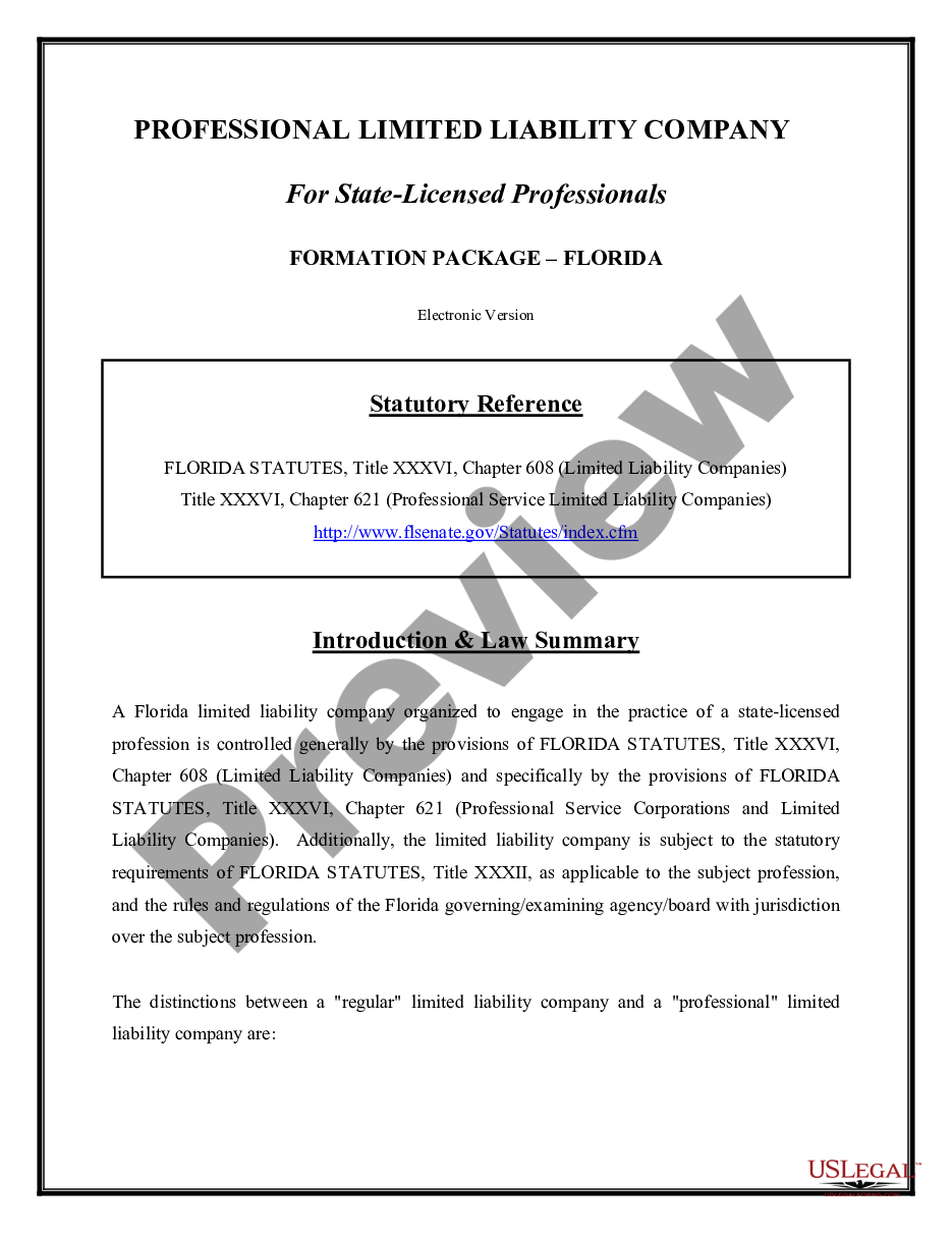 page 1 Florida Professional Limited Liability Company PLLC Formation Package preview