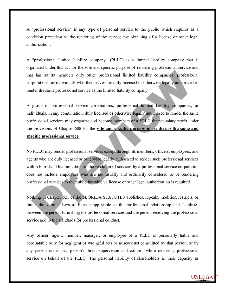 page 2 Florida Professional Limited Liability Company PLLC Formation Package preview