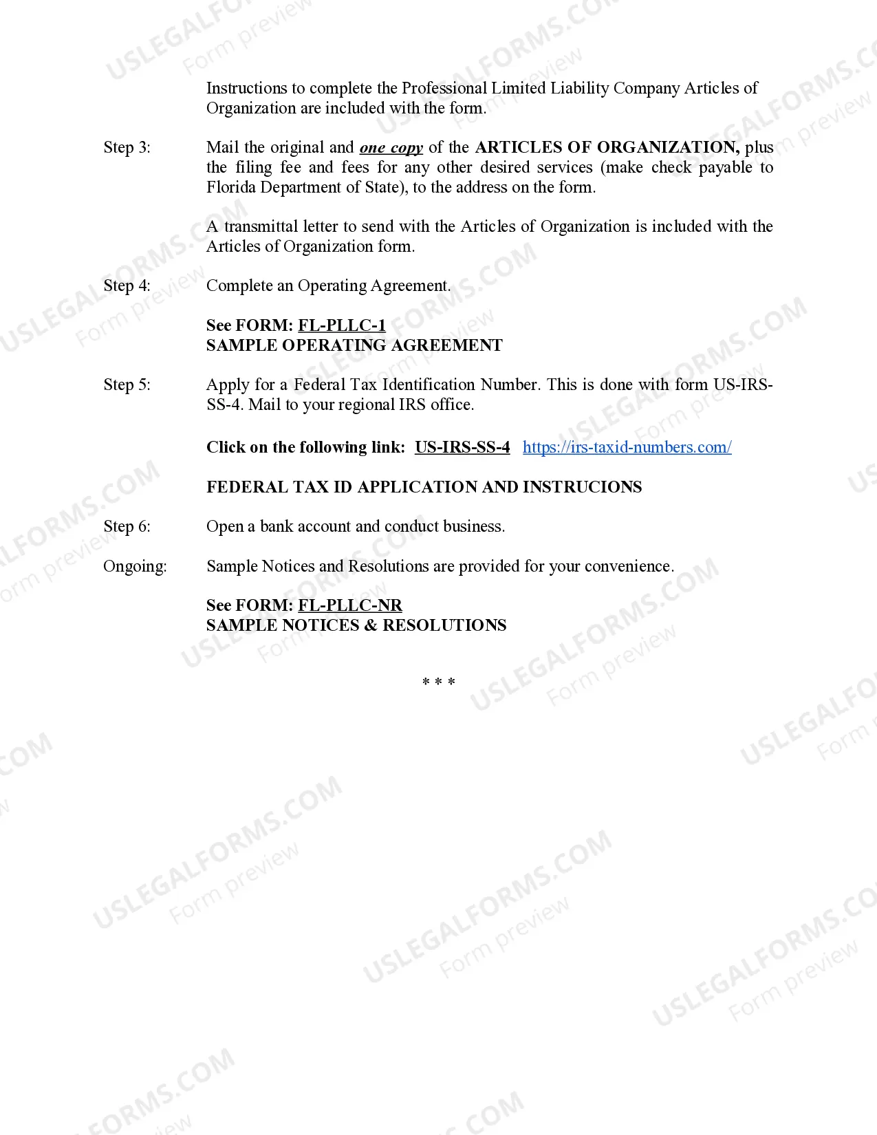 Preview Florida Professional Limited Liability Company PLLC Formation Package