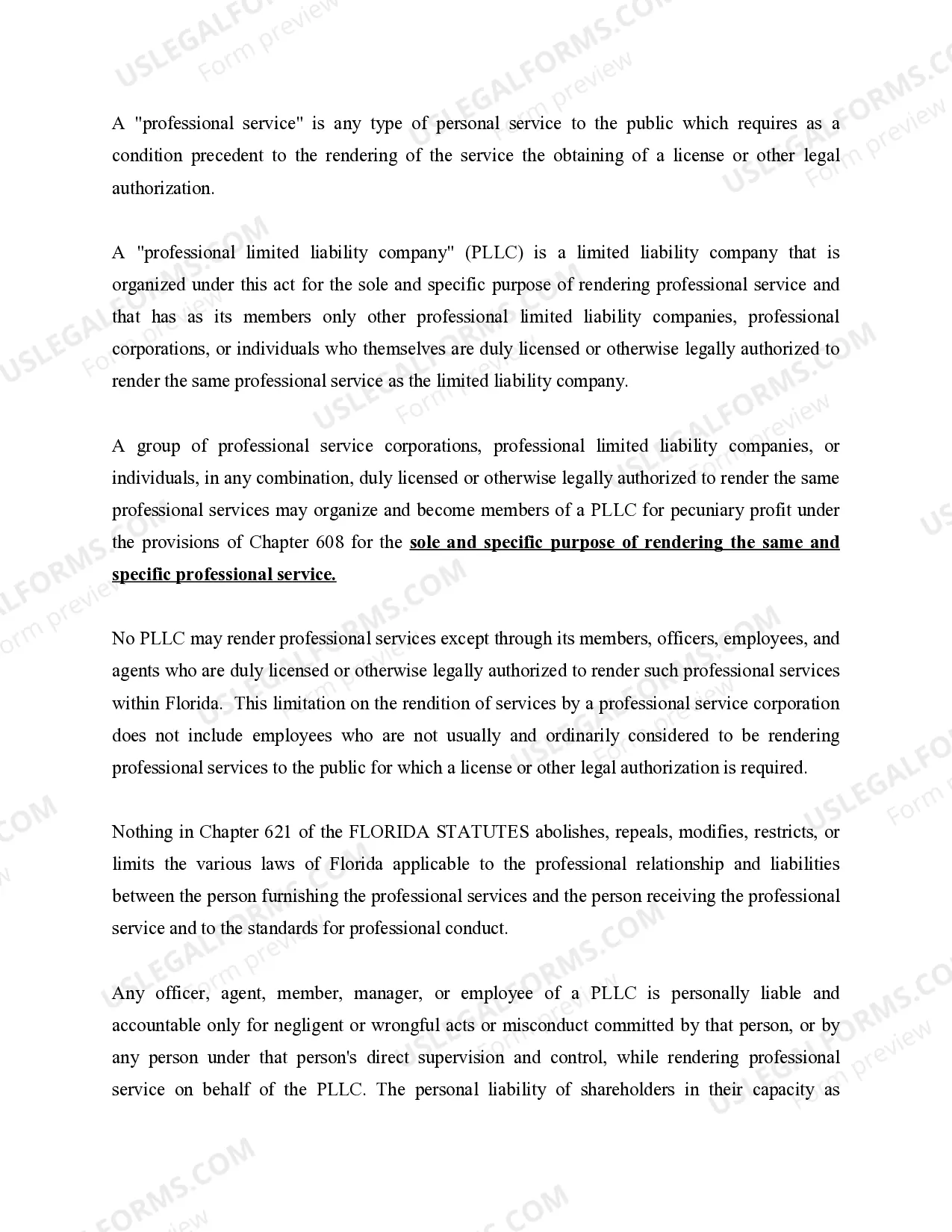 Preview Florida Professional Limited Liability Company PLLC Formation Package