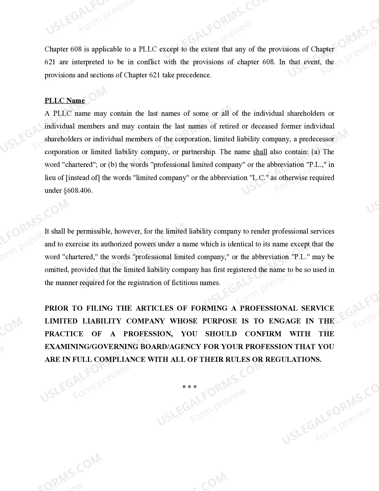 Preview Florida Professional Limited Liability Company PLLC Formation Package