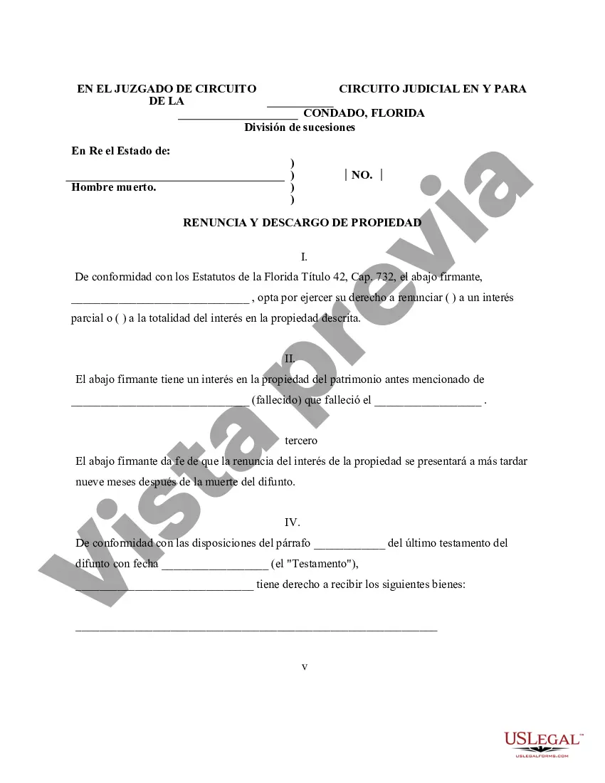 Preview Renuncia y renuncia de propiedad de la Florida por testamento por testamento