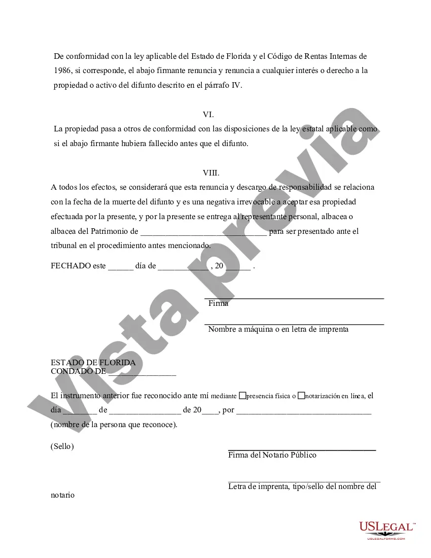Preview Renuncia y renuncia de propiedad de la Florida por testamento por testamento