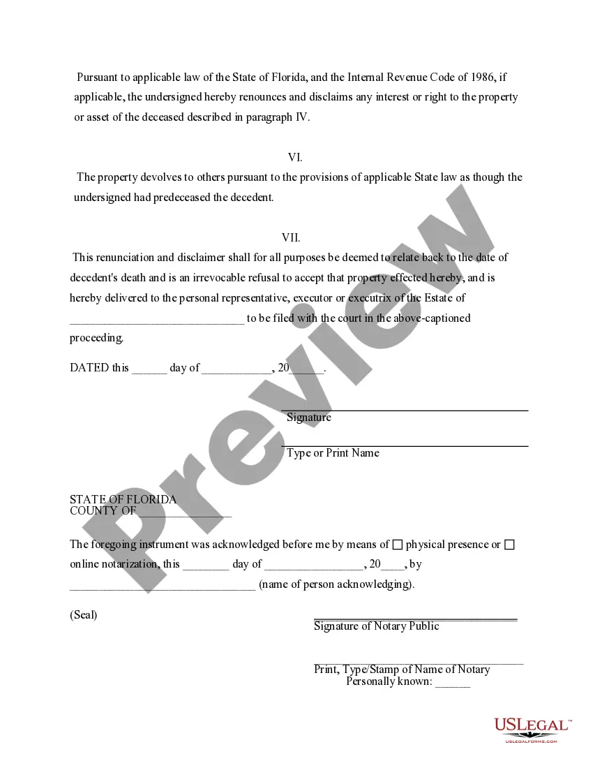 Preview Florida Renunciation And Disclaimer of Property from Will by Testate