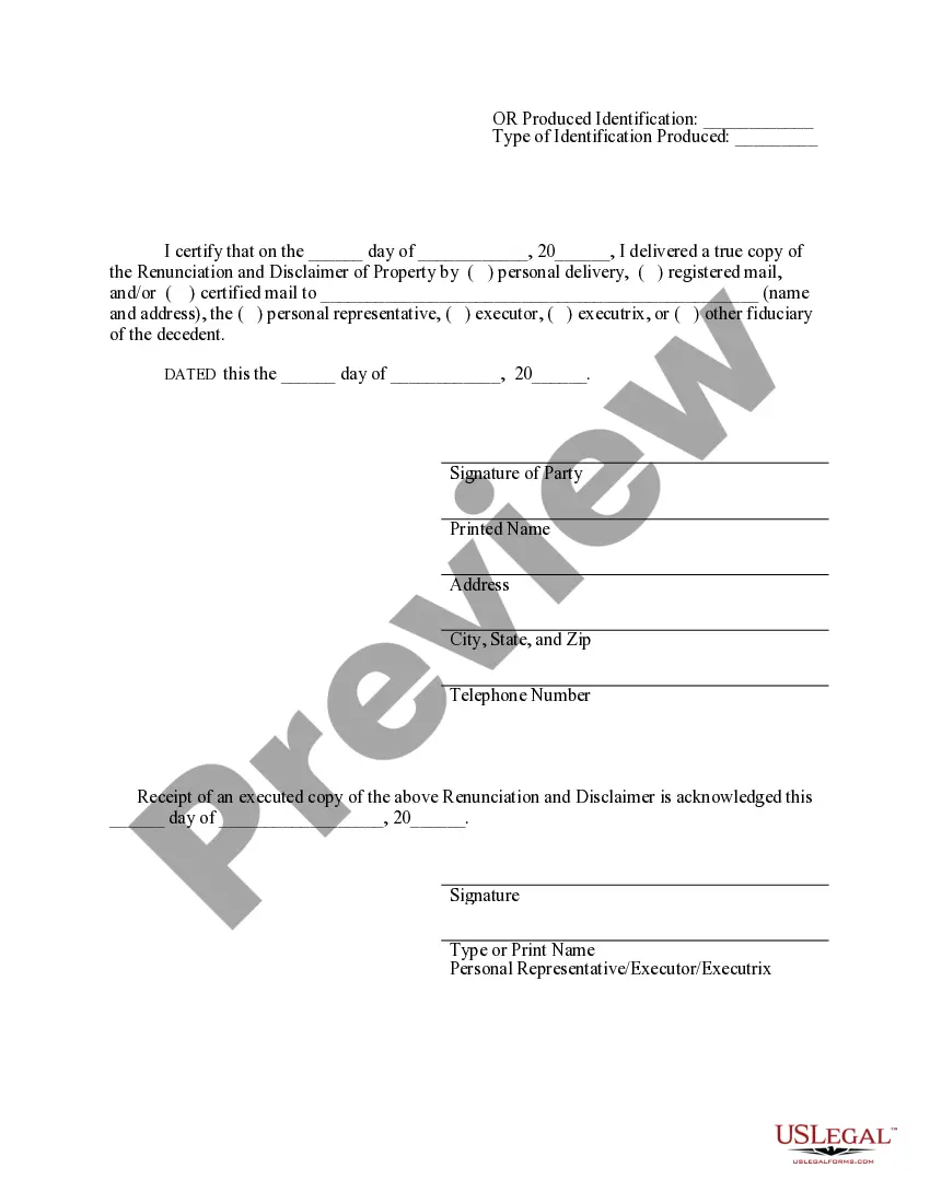 Preview Florida Renunciation And Disclaimer of Property from Will by Testate