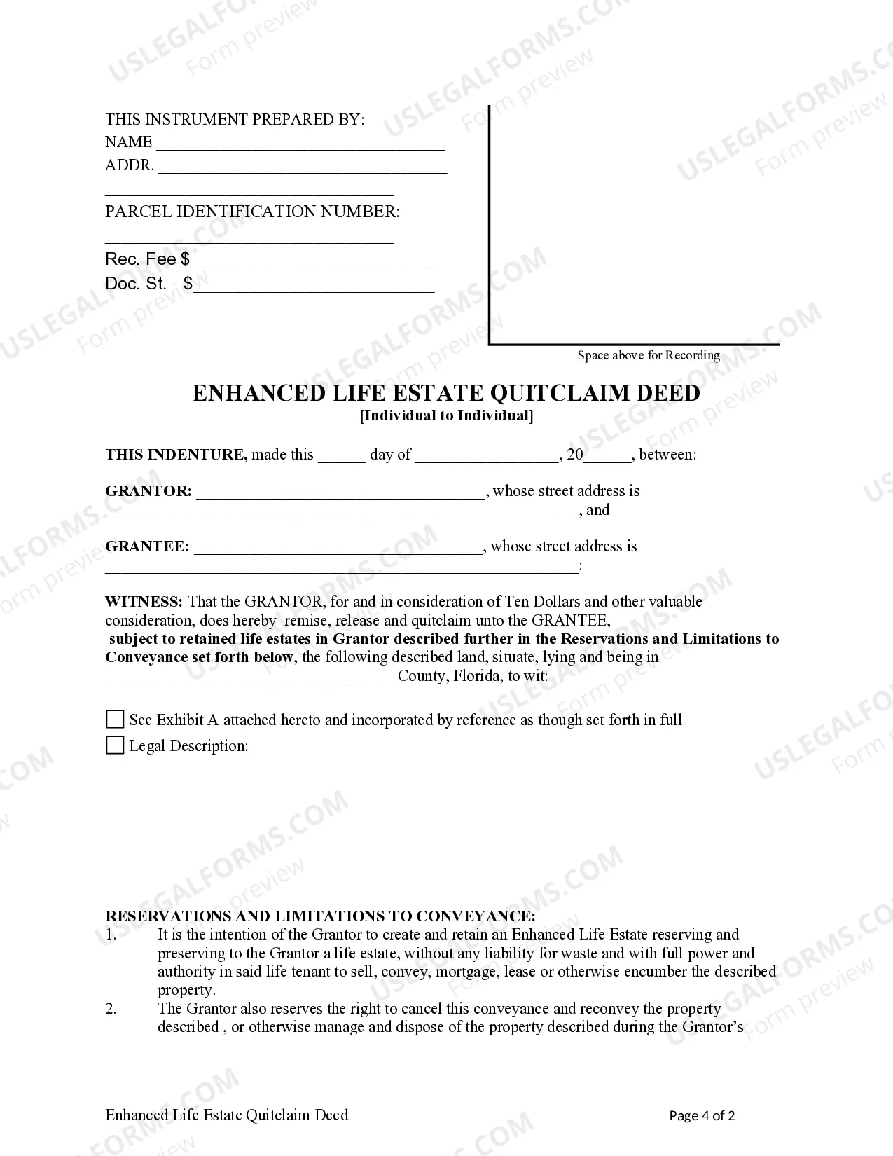 Preview Enhanced Life Estate or Lady Bird Deed - Quitclaim - Individual to Individual