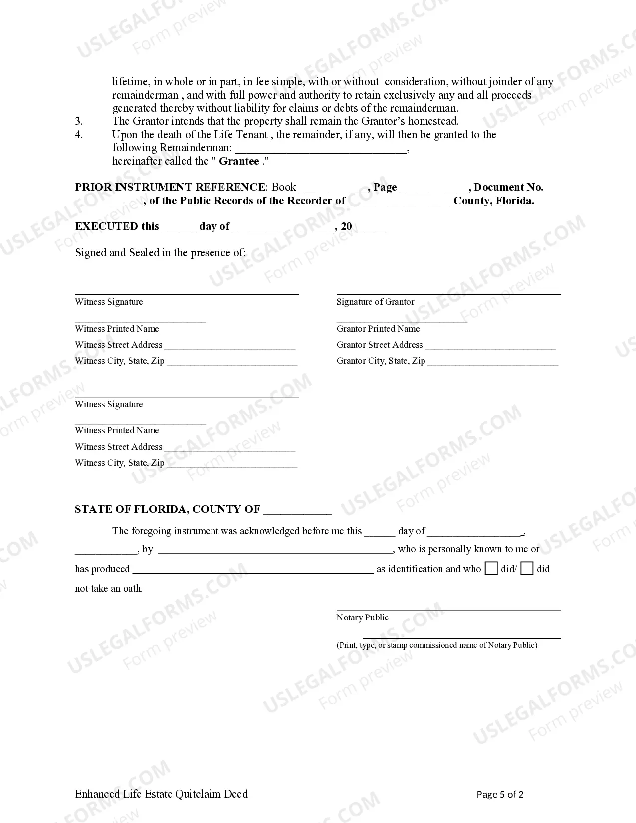 Preview Enhanced Life Estate or Lady Bird Deed - Quitclaim - Individual to Individual