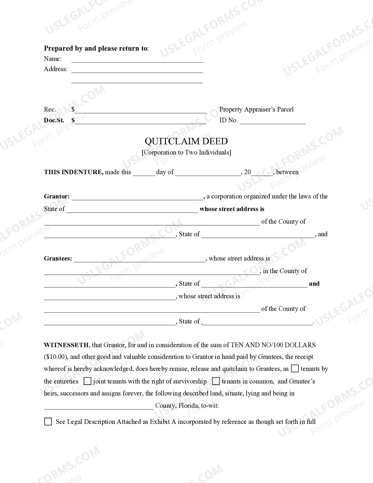 Preview Quitclaim Deed from Corporation to Two Individuals