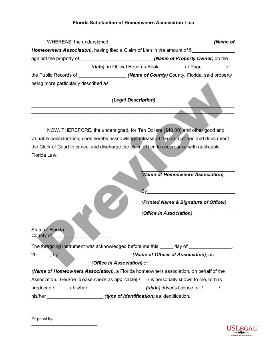 page 0 Florida Satisfaction of Homeowners Association Lien preview