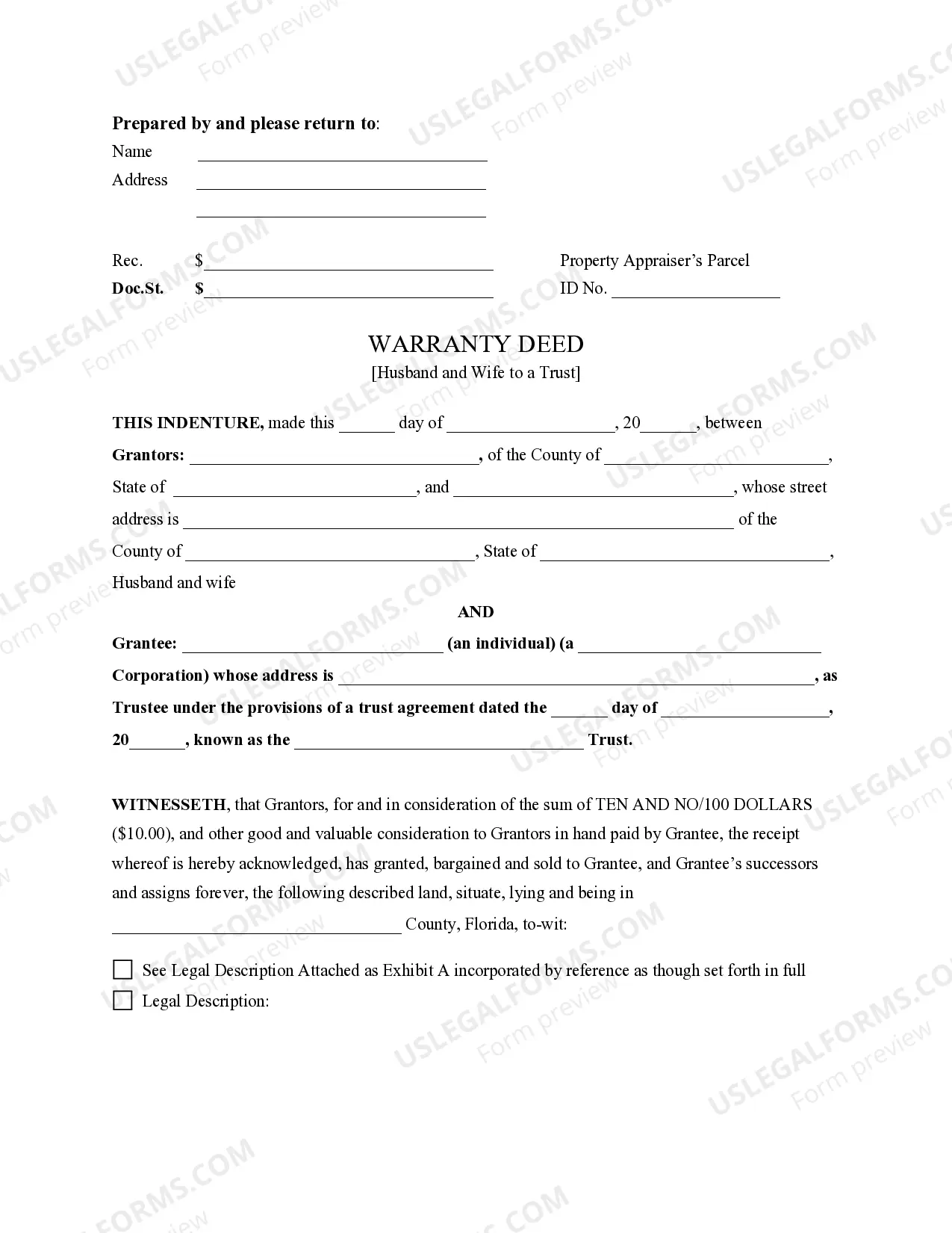 Preview Warranty Deed from Husband and Wife to a Trust