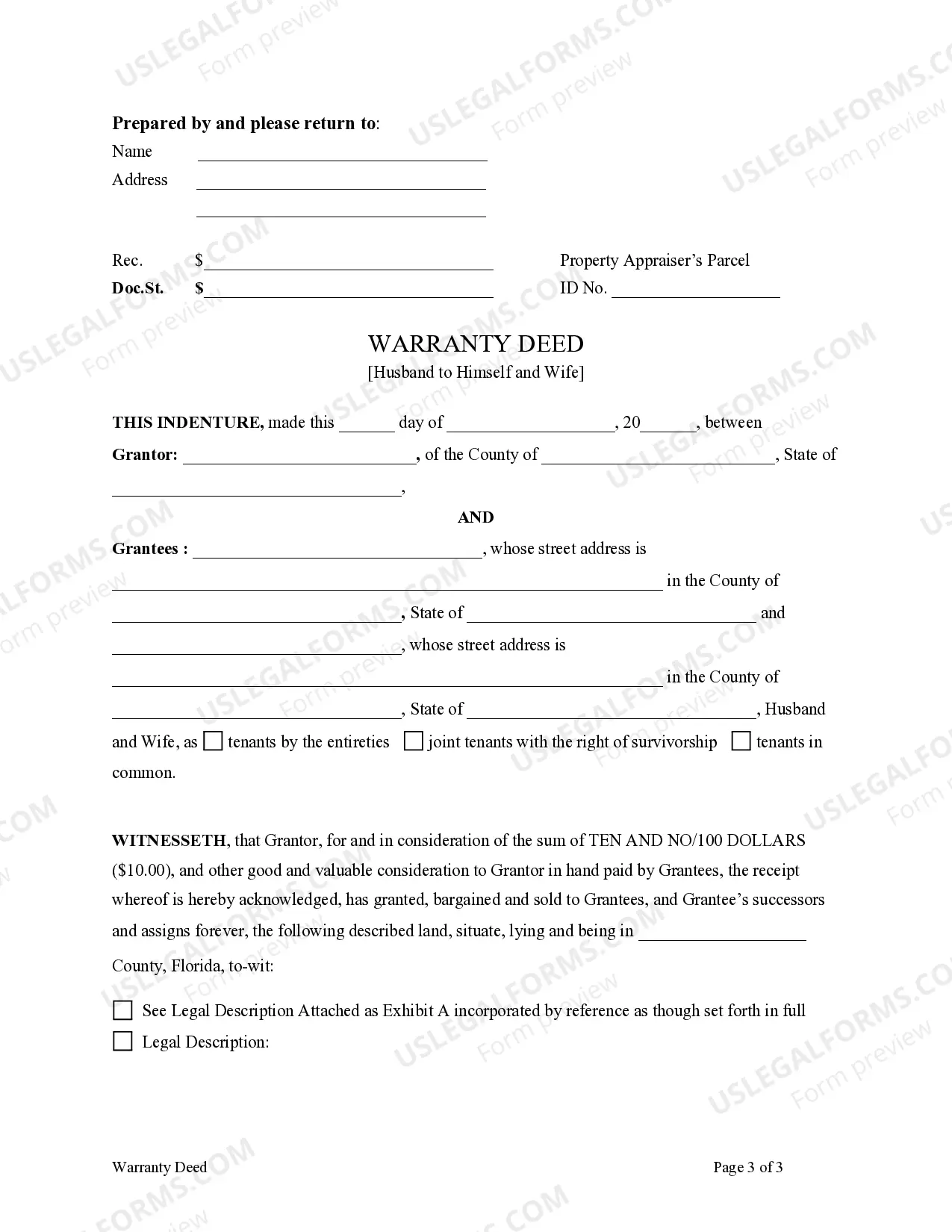 Preview Warranty Deed from Husband to Himself and Wife