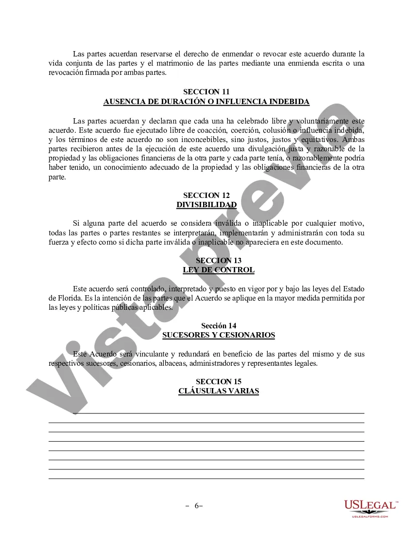 Preview Acuerdo de propiedad posnupcial - Florida