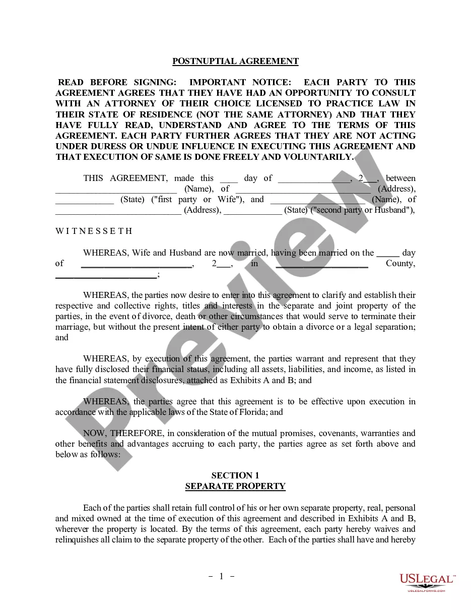 Florida Postnuptial Agreement Template For Employees US Legal Forms