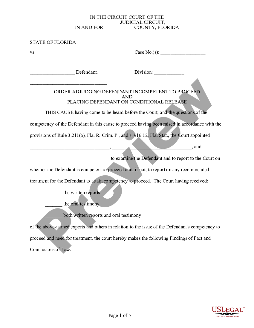 Florida Order Adjudging Defendant Incompetent and Placing Defendnant on ...